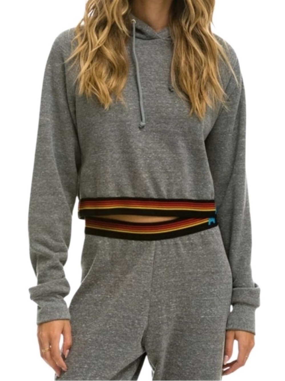 Aviator Nation Crop Pullover Hoodie Women Size L Gray Rainbow Trim
